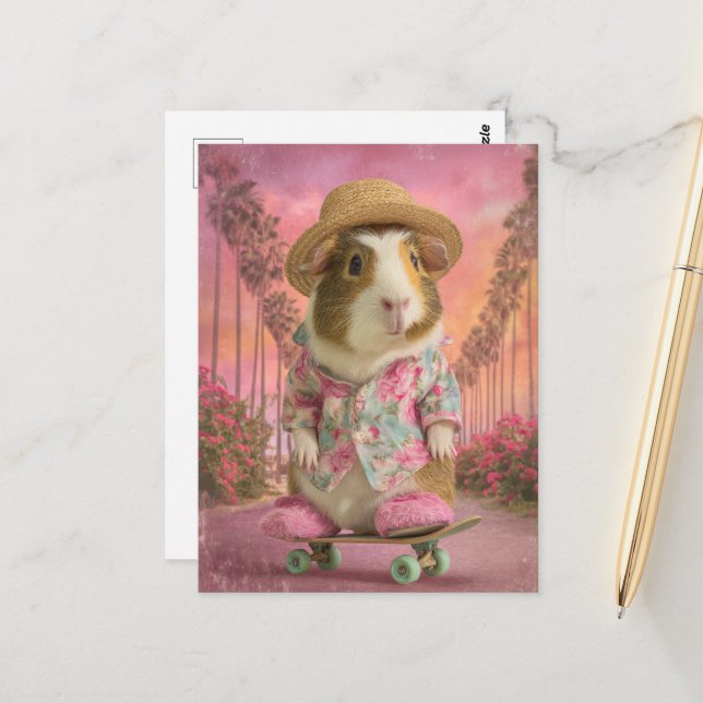 Funny Guinea Schweinefick auf Skateboard in Pink S Postkarte (Vorderseite/Rückseite Beispiel)
