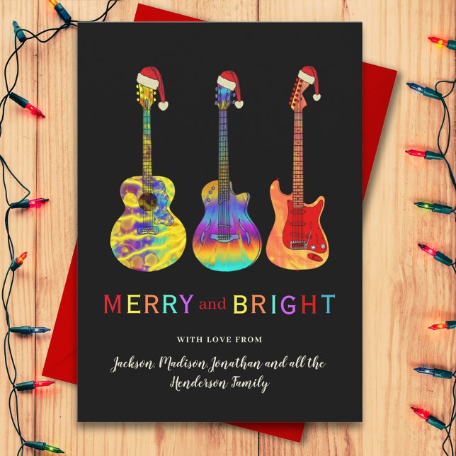 Funny Guitar Santa Merry und helle Weihnachten (Rock and roll Christmas guitars wearing Santa hats merry and bright budget holiday greetings card)