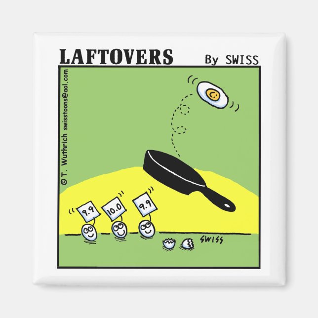 Funny Gymnast Cartoon Eggs Backflip in Frying Pan Magnet (Vorne)