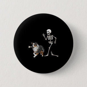 Funny Halloween Australian Shepherd and Skeleton Button