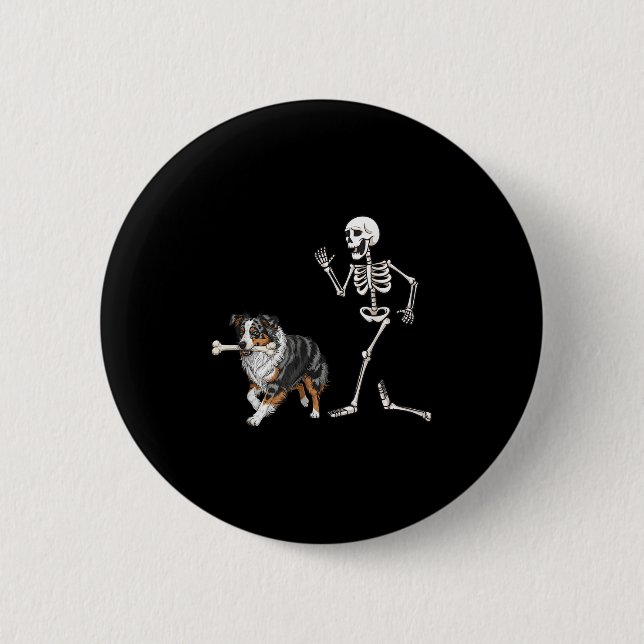 Funny Halloween Australian Shepherd and Skeleton Button (Vorderseite)