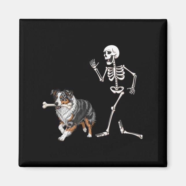 Funny Halloween Australian Shepherd and Skeleton Magnet (Vorne)