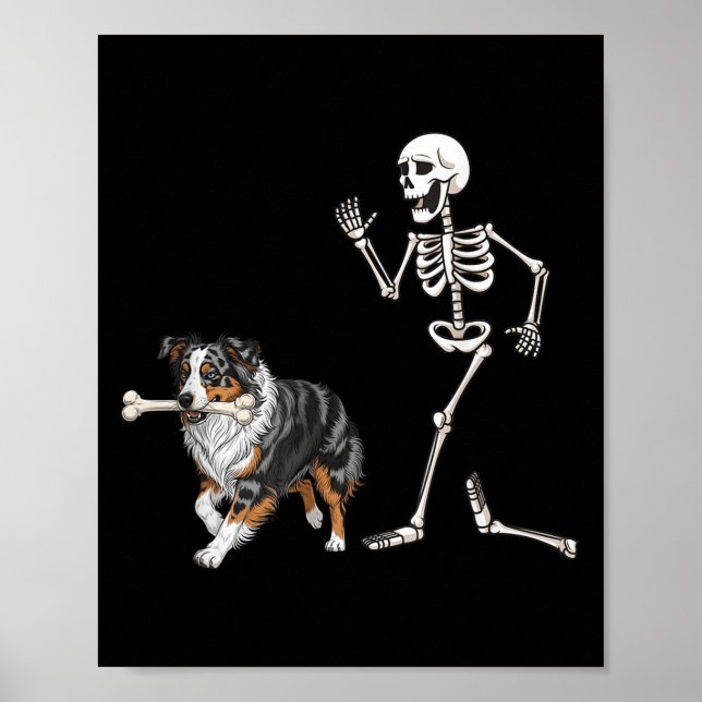 Funny Halloween Australian Shepherd and Skeleton Poster (Vorne)