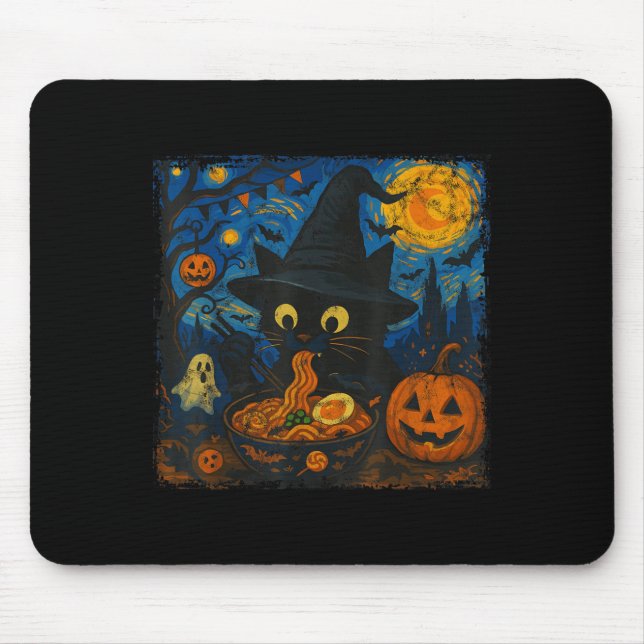 Funny Halloween Black Cat Eating Ramen Starry Nigh Mousepad (Vorne)