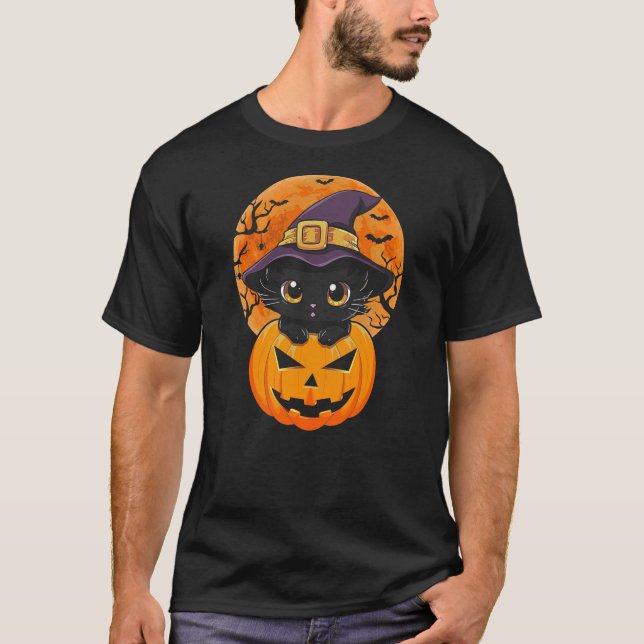 Funny Halloween Black Cat Pumpkin Witch Hat Moon C T-Shirt (Vorderseite)