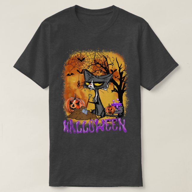 Funny Halloween Cat Bats Pumpkin Digging  T-Shirt (Design vorne)