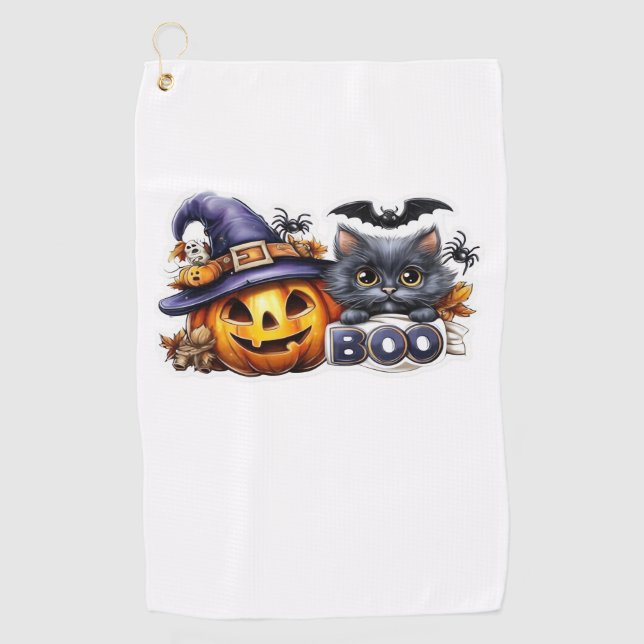 Funny Halloween Cat Sticker - Hexenhut, Pumpkin a Golfhandtuch (Vorderseite)