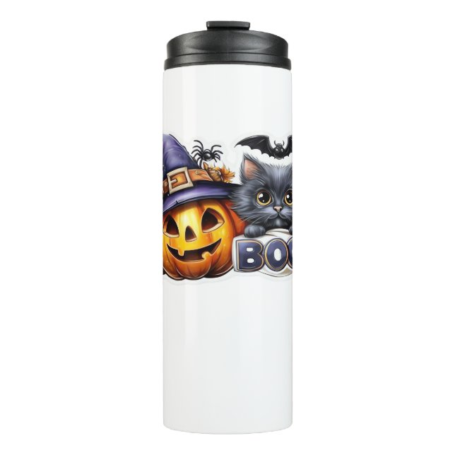 Funny Halloween Cat Sticker - Hexenhut, Pumpkin a Thermosbecher (Vorderseite)