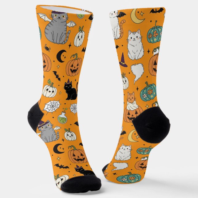 Funny Halloween Cats und Pumpkins Socken (Gewinkelt)
