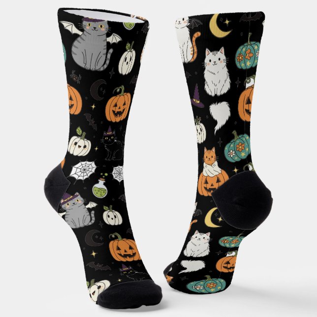 Funny Halloween Cats und Pumpkins Socken (Gewinkelt)