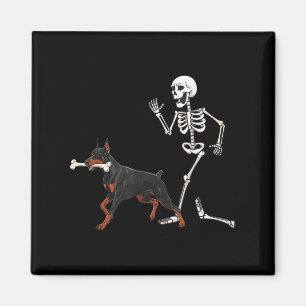 Funny Halloween Doberman Nscher and Skeleton Magnet