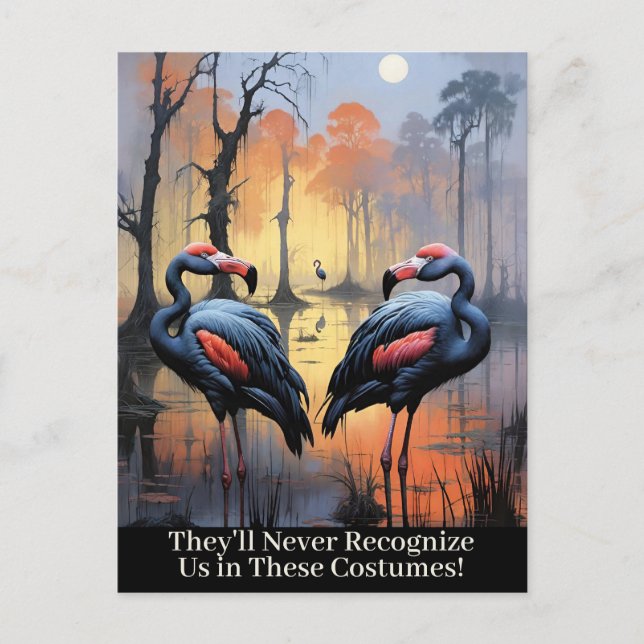 Funny Halloween Flamingos trägt Vulture Costumes Feiertagspostkarte (Vorderseite)