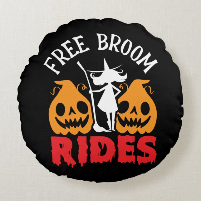 Funny Halloween Free Broom Rides Hexenkürbis Rundes Kissen (Vorderseite)