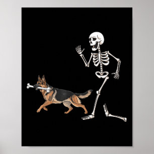Funny Halloween German Shepherd and Skeleton Poster