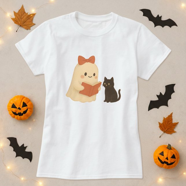 Funny Halloween Ghost Cat Reading T-Shirt (Von Creator hochgeladen)