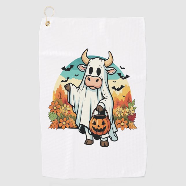 Funny Halloween Ghost Cow Golfhandtuch (Vorderseite)