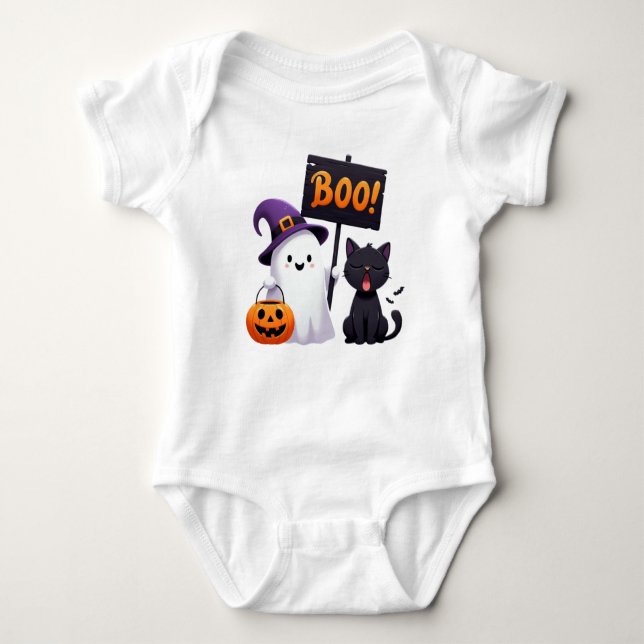 Funny Halloween Ghost und Unbeeindruckter Cat-Cart Baby Strampler (Vorderseite)