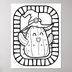 Funny Halloween Lächelnde Cactus Coloring Page Poster