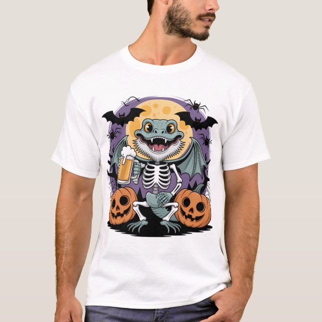 Funny Halloween Lizard Skeleton mit Bier T-Shirt (Vorderseite)