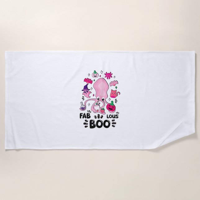 Funny Halloween Pink Cat Ghost Juggling Octopus Fa Strandtuch (Vorderseite)