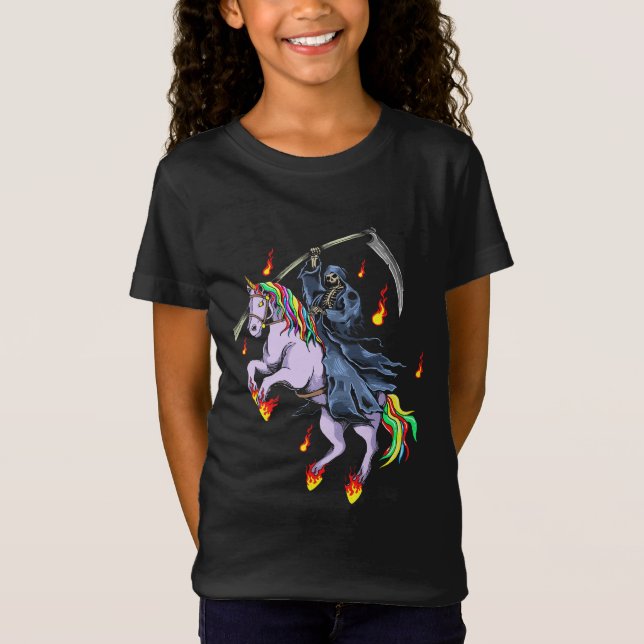 Funny Halloween Sensenmann reiten Unicorn T-Shirt (Vorderseite)