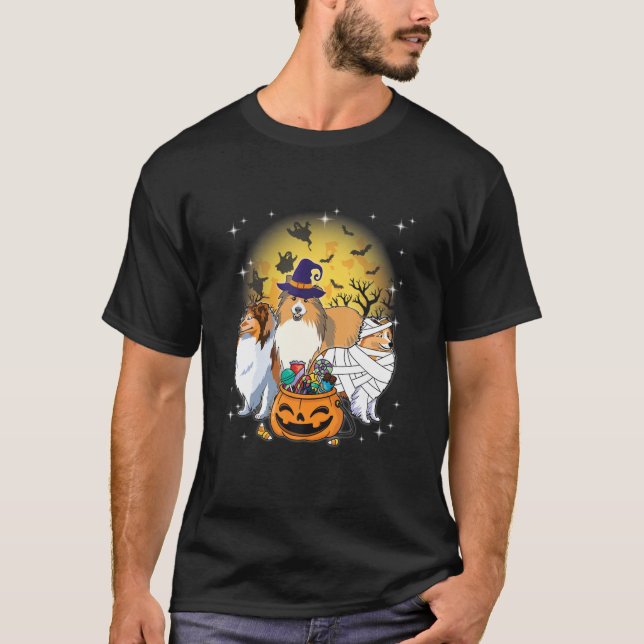 Funny Halloween Sheltie Witch Pumpkin Mummy Dog Lo T-Shirt (Vorderseite)