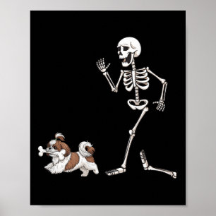 Funny Halloween Shih Tzu and Skeleton Poster