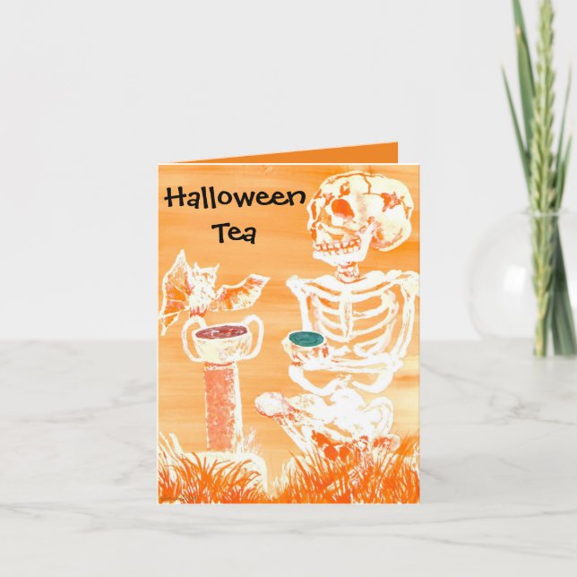 Funny Halloween Skeleton-Bat Tea Time Faltcard Dankeskarte (Vorderseite)