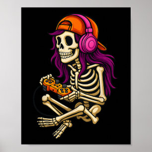 Funny Halloween Skeleton Gamer Video Gaming Girls Poster