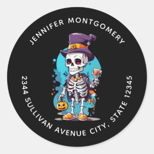 Funny Halloween Skeleton mit Top Hat-Adresse Runder Aufkleber