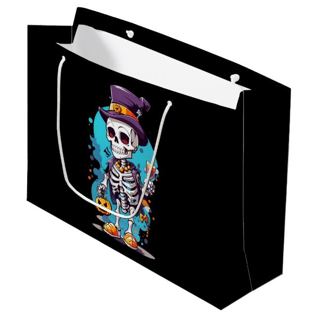 Funny Halloween Skeleton mit Top Hat Große Geschenktüte (Vorderseite Schrägansicht)