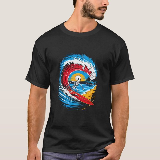 Funny Halloween Spooky Skeleton Surfing T Shirt (Vorderseite)
