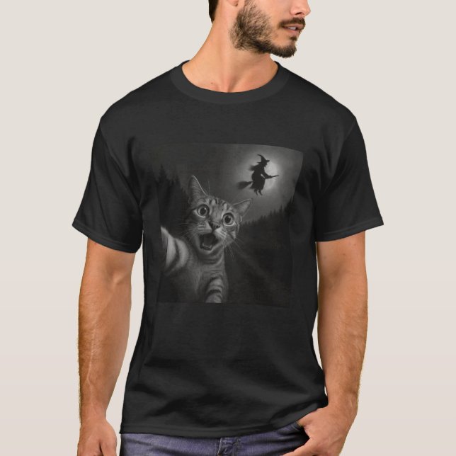 Funny Halloween Surprised Scared Cat Selfie Witch  T-Shirt (Vorderseite)