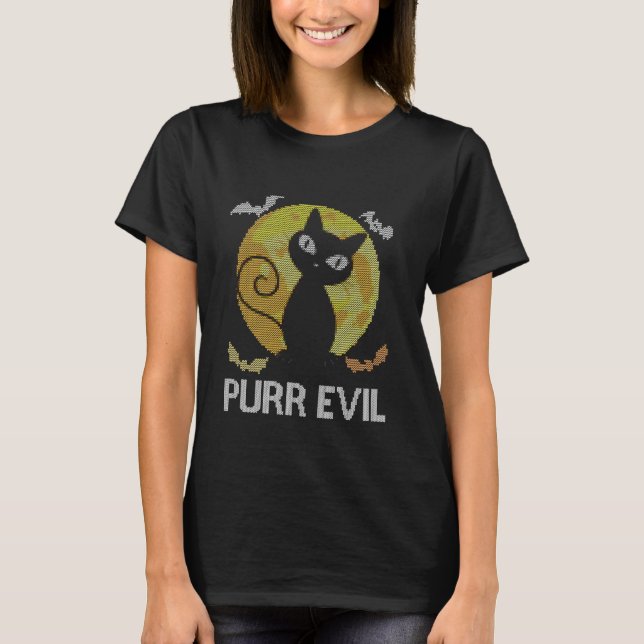 Funny Halloween Ugly Sweater Cat Purr Evil Pub für T-Shirt (Vorderseite)