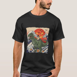 Funny Halloween Witch Cat Riding Dinosaur T rex Uk T-Shirt