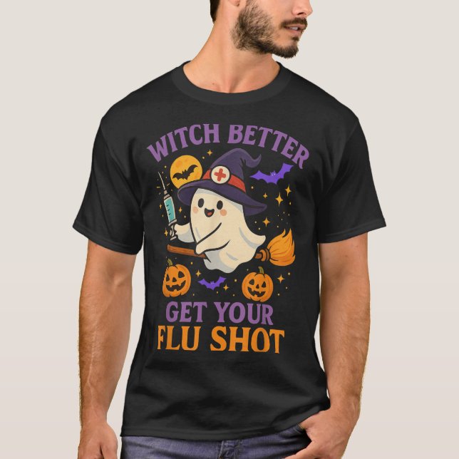 Funny Halloween Witz Ghost Flu Shot Nurse T-Shirt (Vorderseite)