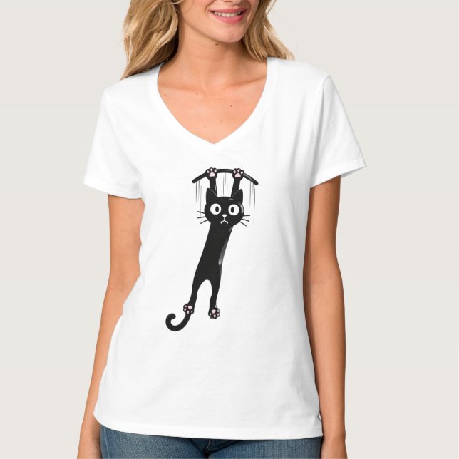 Funny Hanging Black Cat T Shirt Cute Cartoon Cat L (Vorderseite)