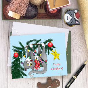 Funny Hanging Christmas Tree Cat Karte