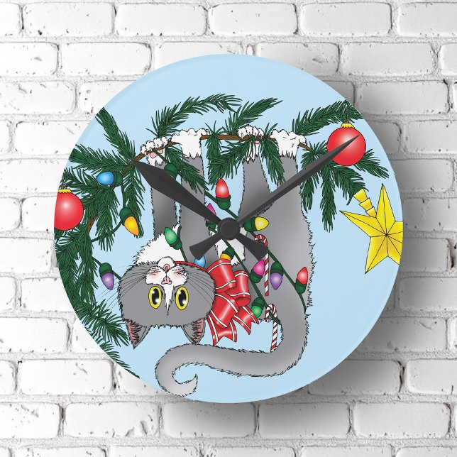Funny Hanging Christmas Tree Cat Runde Wanduhr (Von Creator hochgeladen)