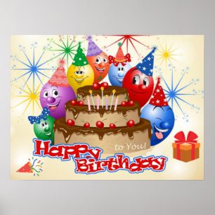 Funny Happy Birthday Balloons and Chocolate Cake Poster