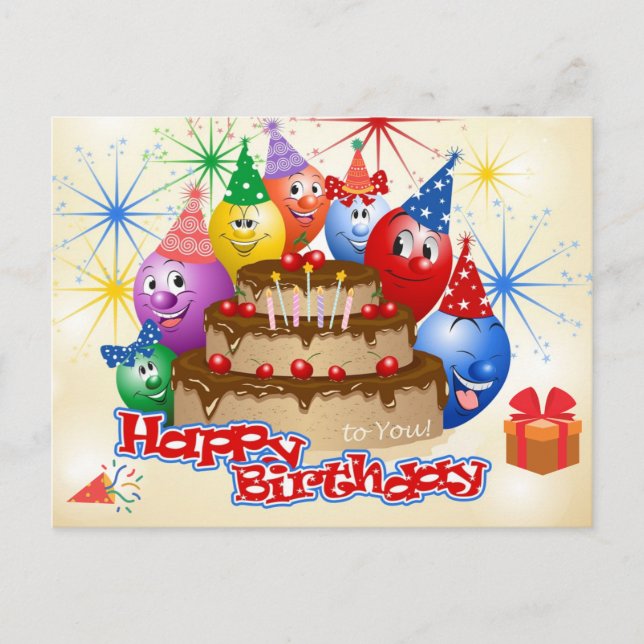 Funny Happy Birthday Balloons and Chocolate Cake Postkarte (Vorderseite)