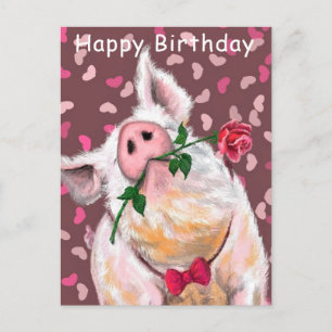 Funny Happy Birthday Card Gentleman Pig mit Rose Postkarte