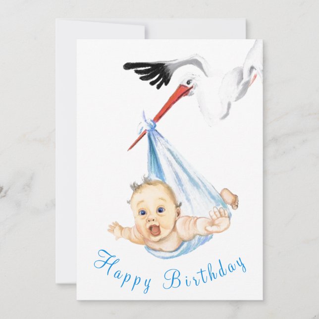 Funny Happy Birthday Card Stork Carry Baby (Vorderseite)