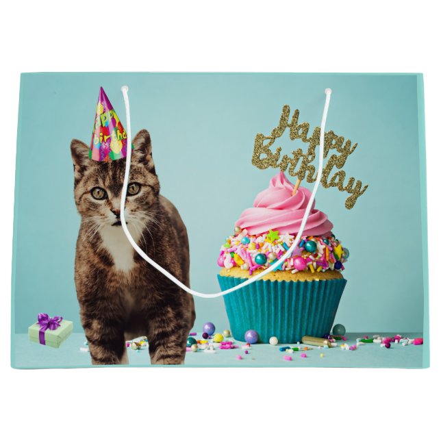Funny Happy Birthday Cat mit Cupcake Große Geschenktüte (Vorderseite)