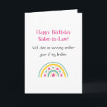 Funny Happy Birthday Sister-in-Law Geburtstag Karte<br><div class="desc">Die perfekte Karte, um Ihrer Schwiegerschwester zum Geburtstag glücklich zu sein und sich gleichzeitig über Ihren Bruder lustig zu machen! Ein modernes Design mit einem niedlichen, nordischen Regenbogen in Grün und Gelb mit rosa Sternen. Der rosa Text oben lautet "Glückliche Geburtstagsschwester!" mit schwarzem Text darunter, der besagt: "Gut gemacht, um...</div>
