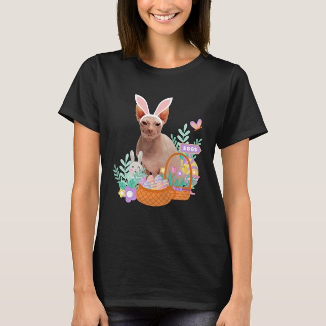 Funny happy easter sphynx cat bunny eggs basket ra T-Shirt (Vorderseite)