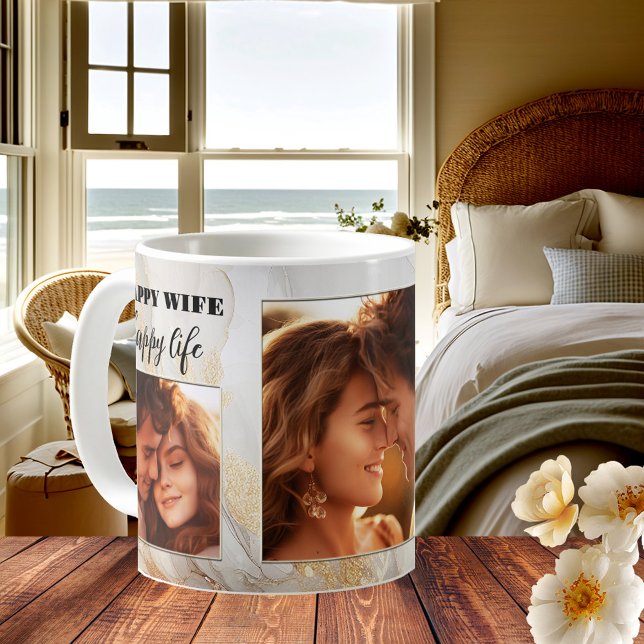 Funny Happy Ehefrau Gold Artistic Wedding Tasse (Funny wedding mug featuring your custom photos on a gold abstract glitter design - wife - newly wed)