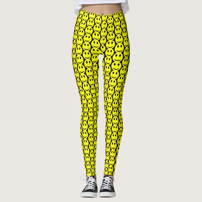 Funny Happy Faces Yellow Black Pattern Leggings (Vorderseite)