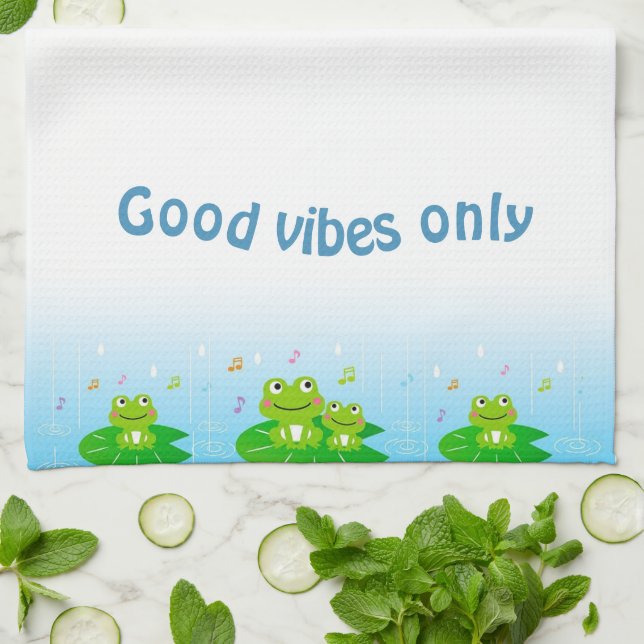 Funny Happy Frogs und Good Vibes Only Text Geschirrtuch (Gefaltet)