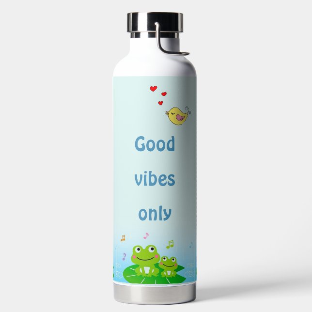 Funny Happy Frogs und Good Vibes Only Text Trinkflasche (links)
